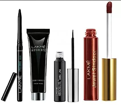 Lakme Combo of Absolute Blur Perfect Makeup Primer, Absolute Shine Line Eyeliner (Black), Eyeconic Kajal Black & Sindoor Maroon (4 Items in the set) Birthday Gifts for Girls