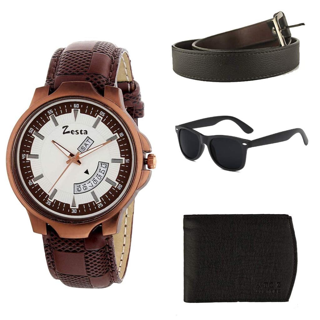  Gift Combo for Men of Analog Wrist Watch for Men with Brown Wallet, Belt and Black Sunglasses for Men Gift for Boys