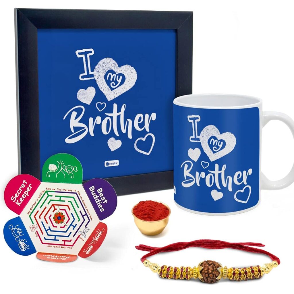  Indigifts Wooden Coffee Mug - 2 Pieces, Blue, 330 ml-with Poster Frame, Rakhi and Greeting Card Rakhi Gift for Brother