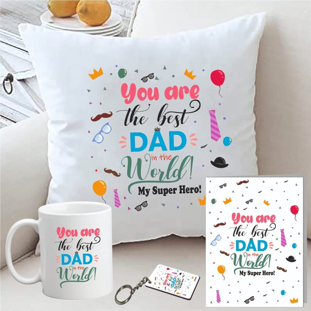 . PICRAZEE Papa | Father on Birthday | Father’s Day (12”*12” Cushion with Filler, Ceramic Mug, Key Ring & Greeting Card) (706) Birthday Gift for Father