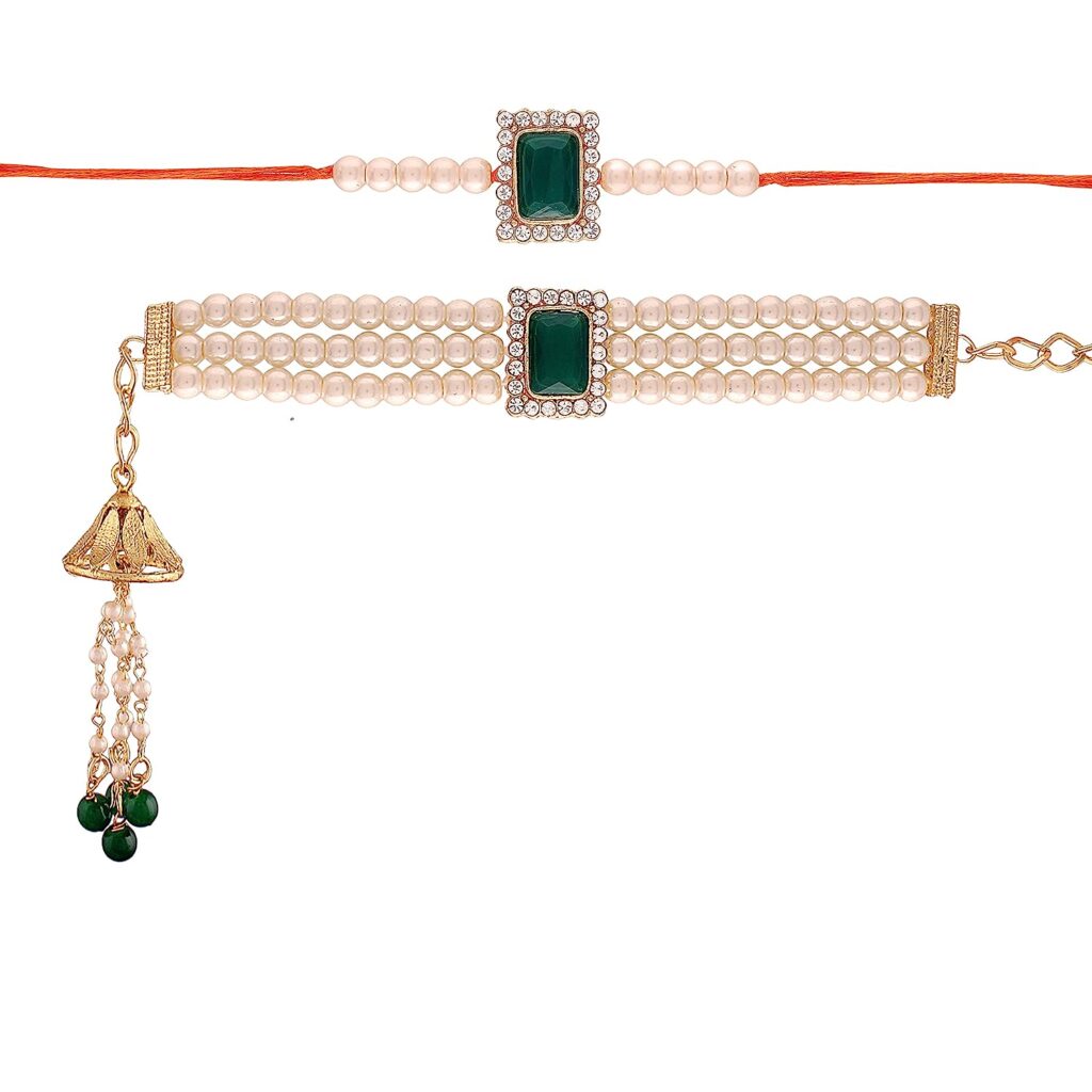  I Jewels Designer Bhaiya Bhabhi Hanging Lumba Bracelet Rakhi Combo Set Rakshabhandan Special for Men (R010G-CO) (Green) Rakhi for brothers