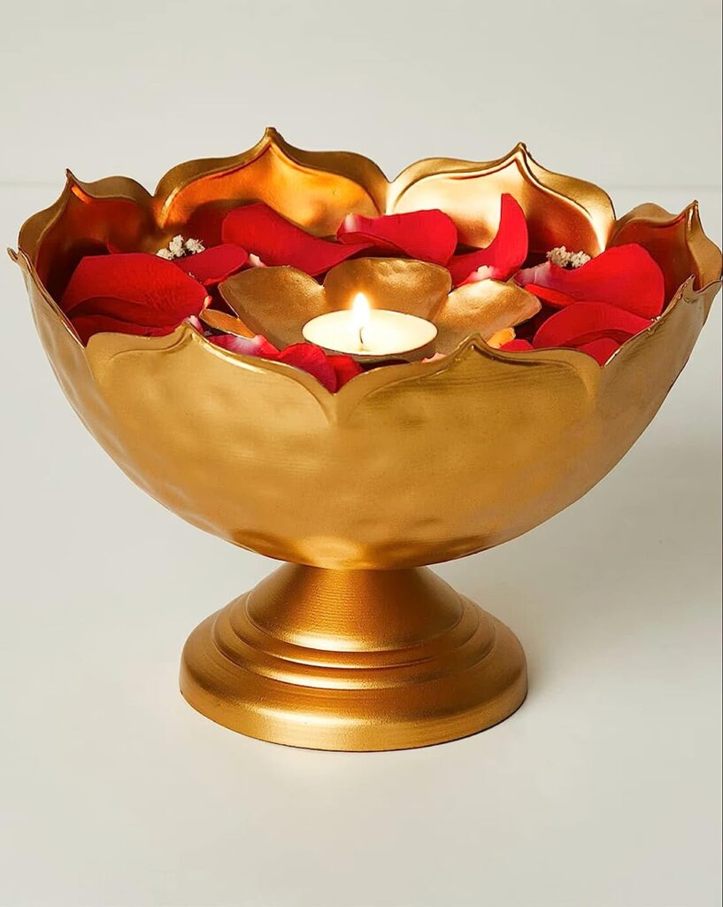  Handcrafted Taj Urli Bowl with Stand Set for Floating Flower, Pooja Diya, Wedding, Diwali, Christmas, Festival Decor -Golden for Return Gift Ideas