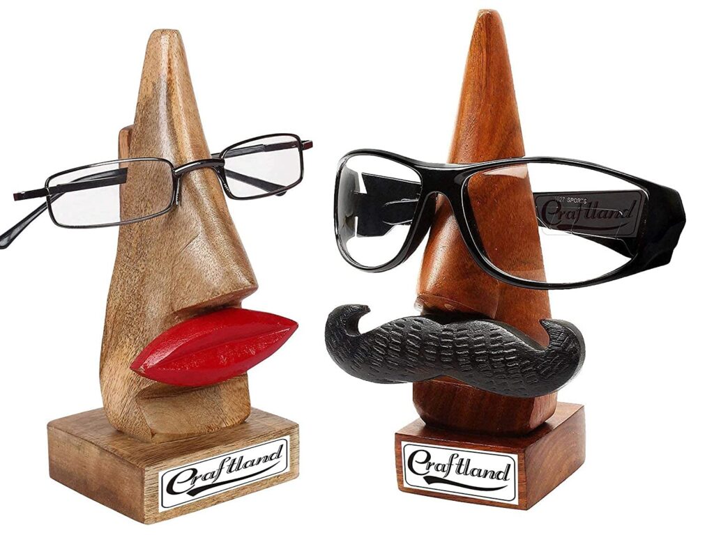 Craftland Rosewood Wooden Brown Handcrafted Nose Shaped Goggle Spectacle/Specs Eyeglass Holder Stand with Black Moustache birthday gift for male friend