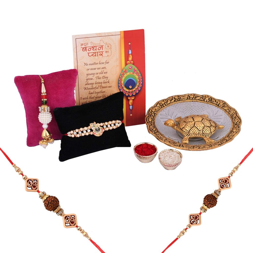 Collectible India Rakhi Combo Set for Brother - Rakshabandhan Gift for Bhaiya Bhabhi - Metal Tortoise Vastu Showpiece, Rudraksha Rakhi, Lumba Rakhi,... Rakhi for brothers