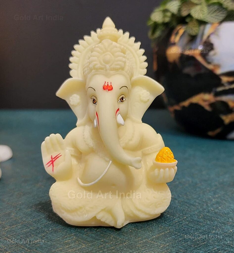 Gold Art India Ganesha for Car Dashboard Ganesh Statue Murti Ivory Finish Lord Ganpati Diwali Gifts Home Decor Figurine (Size: 3.5 x 2 inches)  Rakhi Gift ideas for Brother