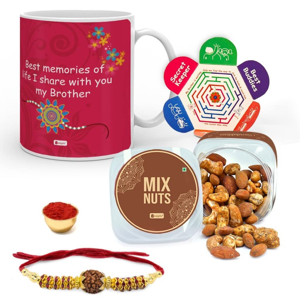 Indigifts Raksha Bandhan Gift for Brother Best Memories Quote Printed Coffee Mug 330 ml, Dry fruits, Rudraksha Rakhi, Roli & Greeting Card -  Rakhi Gift ideas for Brother