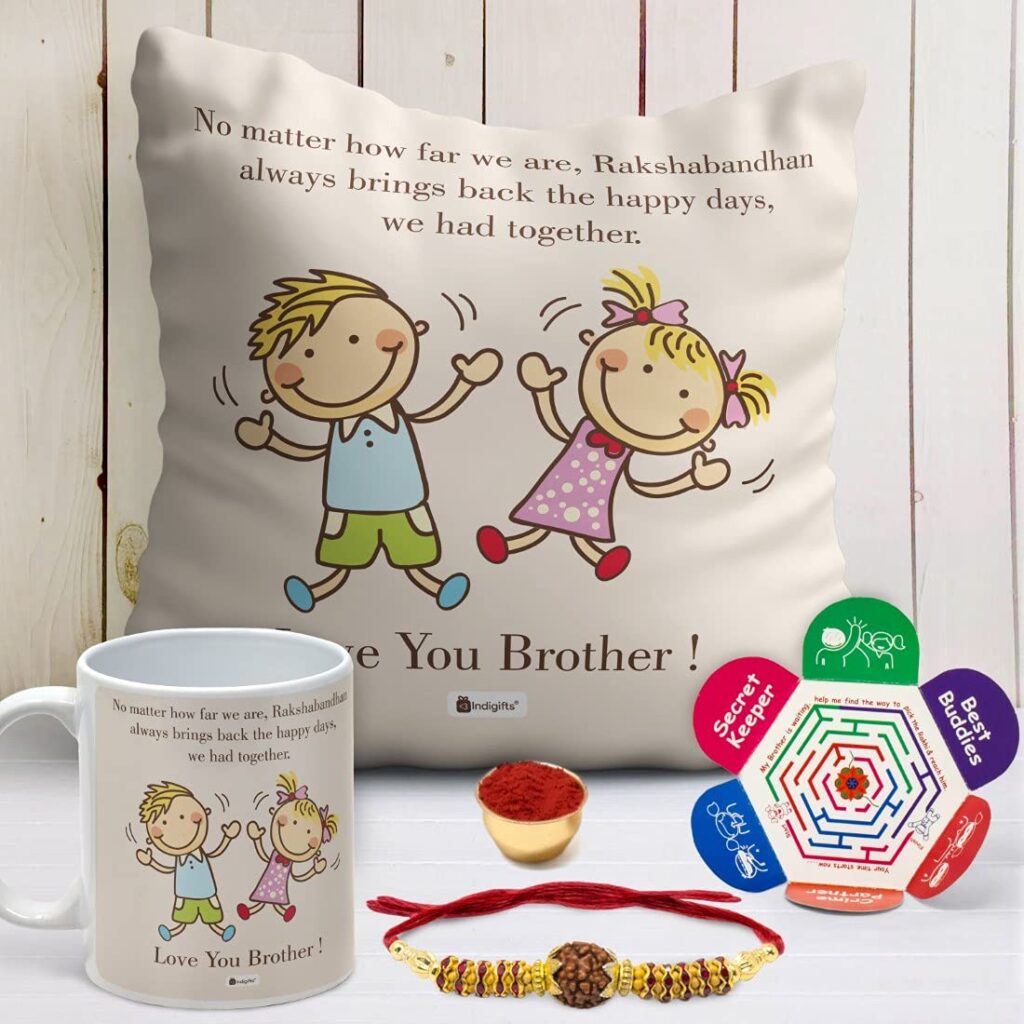  Indigifts Rakhi Hamper for Brother Ceramic Mug Rakhi Roli Greeting Card Cushion Cover - 1 Piece, Beige, 325 ml-