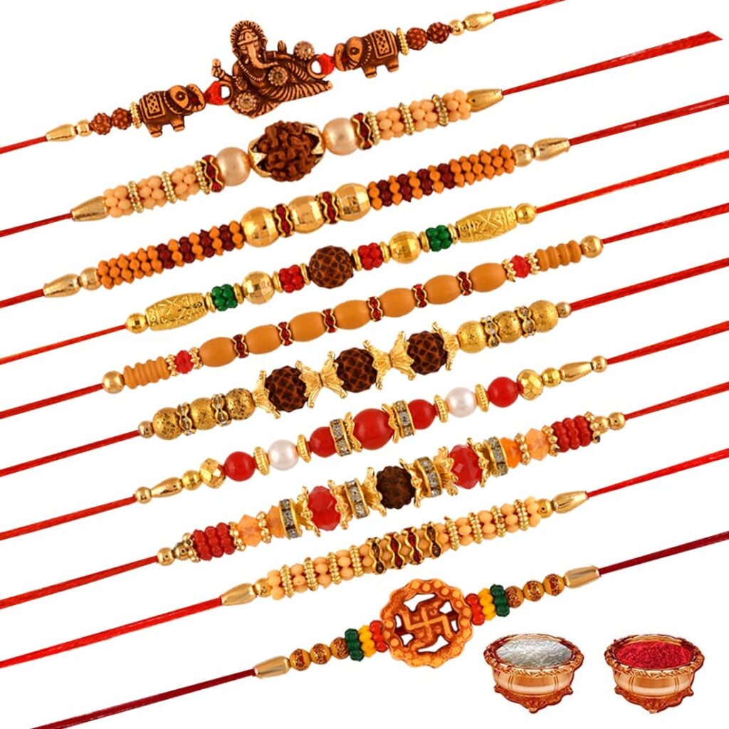 TONKWALAS Multicolor Combo of 10 Rakhi Set for Men With Roli Chawal Best Wishes Greeting Card Rakhi for Brother