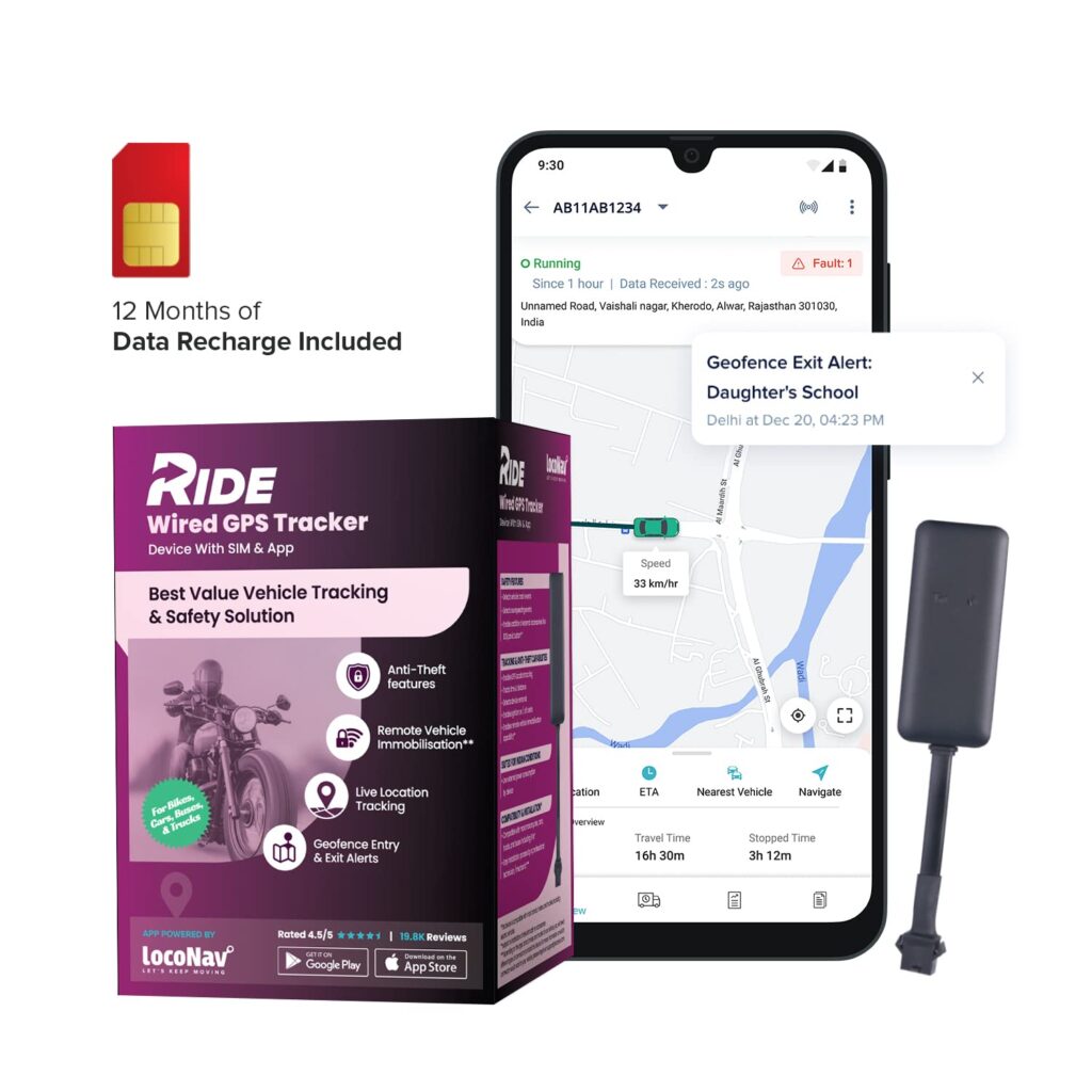 LocoNav Ride - Wired GPS Tracker for Car | 12 Months SIM Data | Installation Anywhere in India | Android + iOS App | GPS Tracker All device 