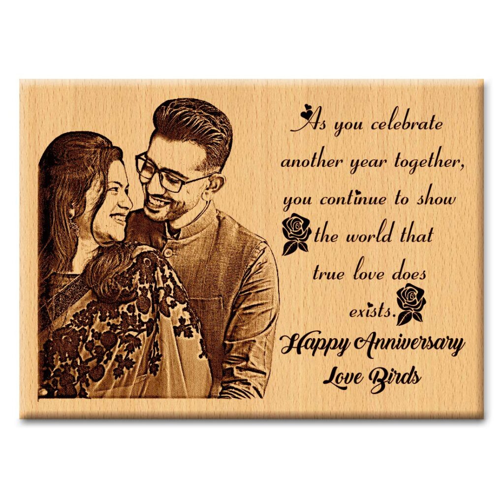  GFTBX Wedding Anniversary Personalized Engraved Rectangular Wooden Photo Plaque (5 x 4 inches, Brown), Tabletop Birthday Gift for Husband