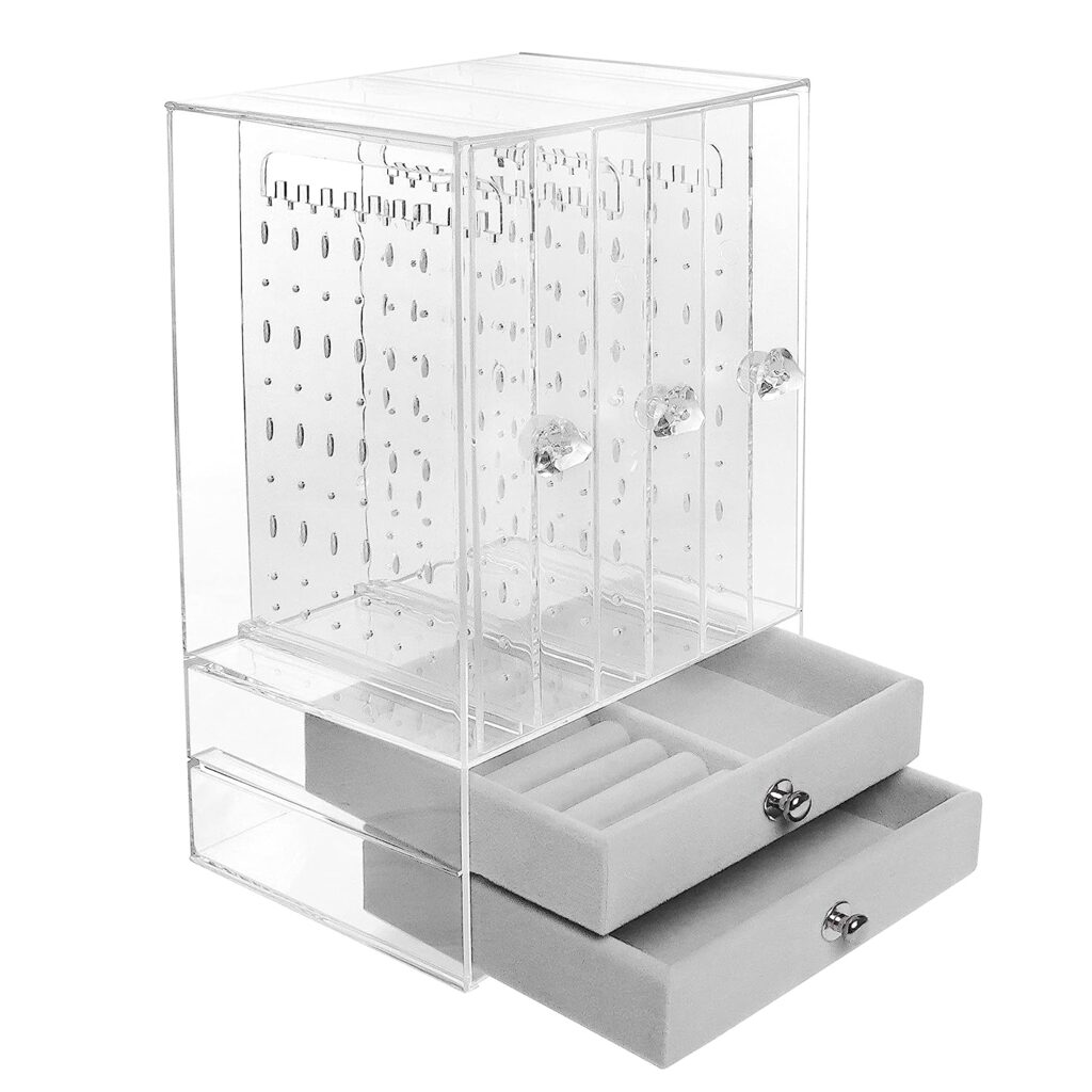  ABOUT SPACE Acrylic Earring Organizer Transparent Cosmetic Jewellery Box - 3 Layer Vertical Rack with Removable 2 Drawers for Rings,Necklaces,Jhumkas -Travel Jewelry Gifts for Girls