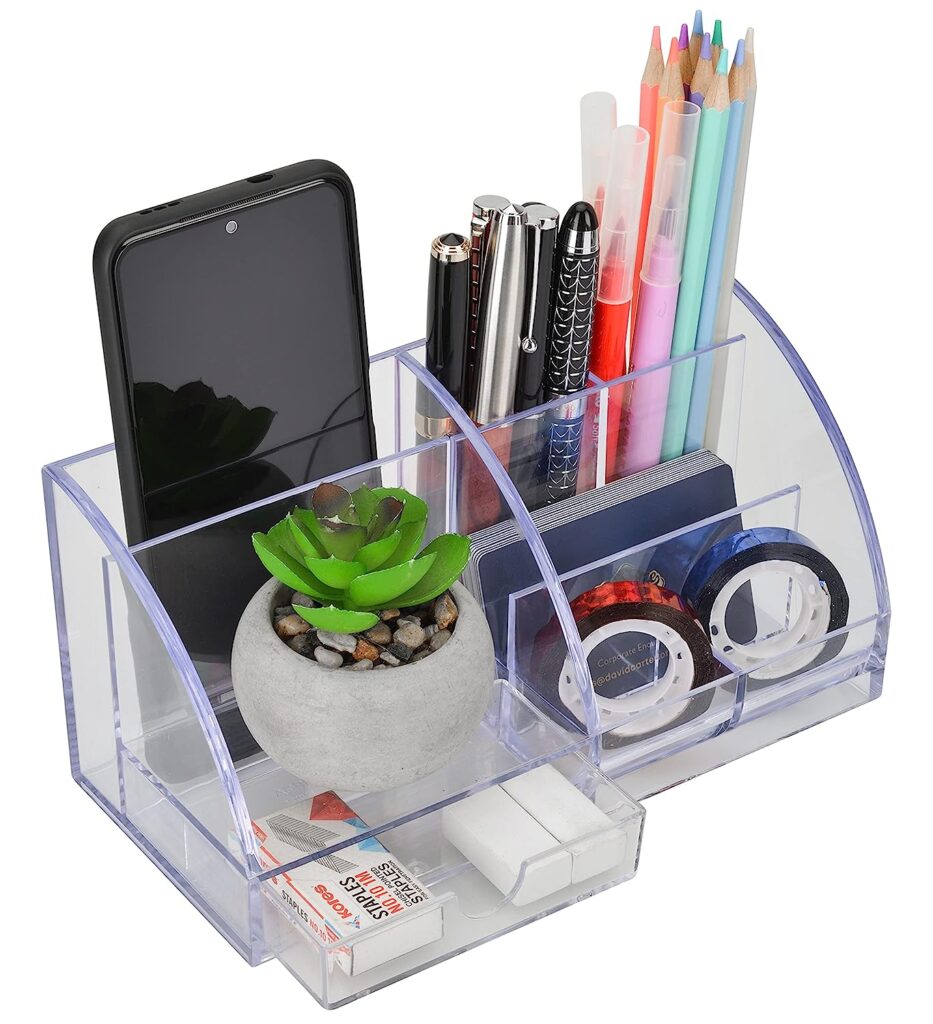 Udgamy Polycarbonate Desk Organiser, Clear, 7 Compartment Stationary Organizer (21 Cm X 95 Cm X 10 Cm) Gift for Boys