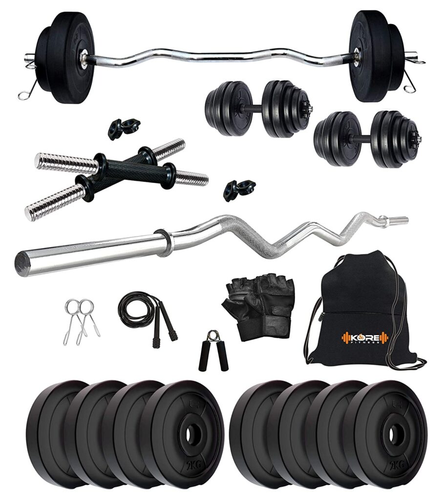  Kore PVC 10-40 Kg Home Gym Set with One 3 Ft Curl and One Pair Dumbbell Rods with Gym Accessories Gift for Boys
