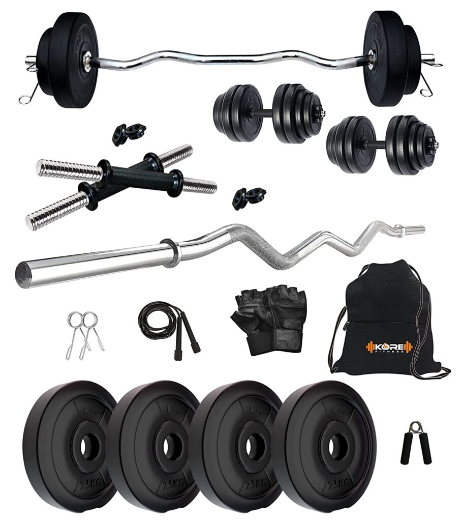 Kore PVC 10-40 Kg Home Gym Set with One 3 Ft Curl and One Pair Dumbbell Rods with Gym Accessories  Best Birthday Gift for Husband