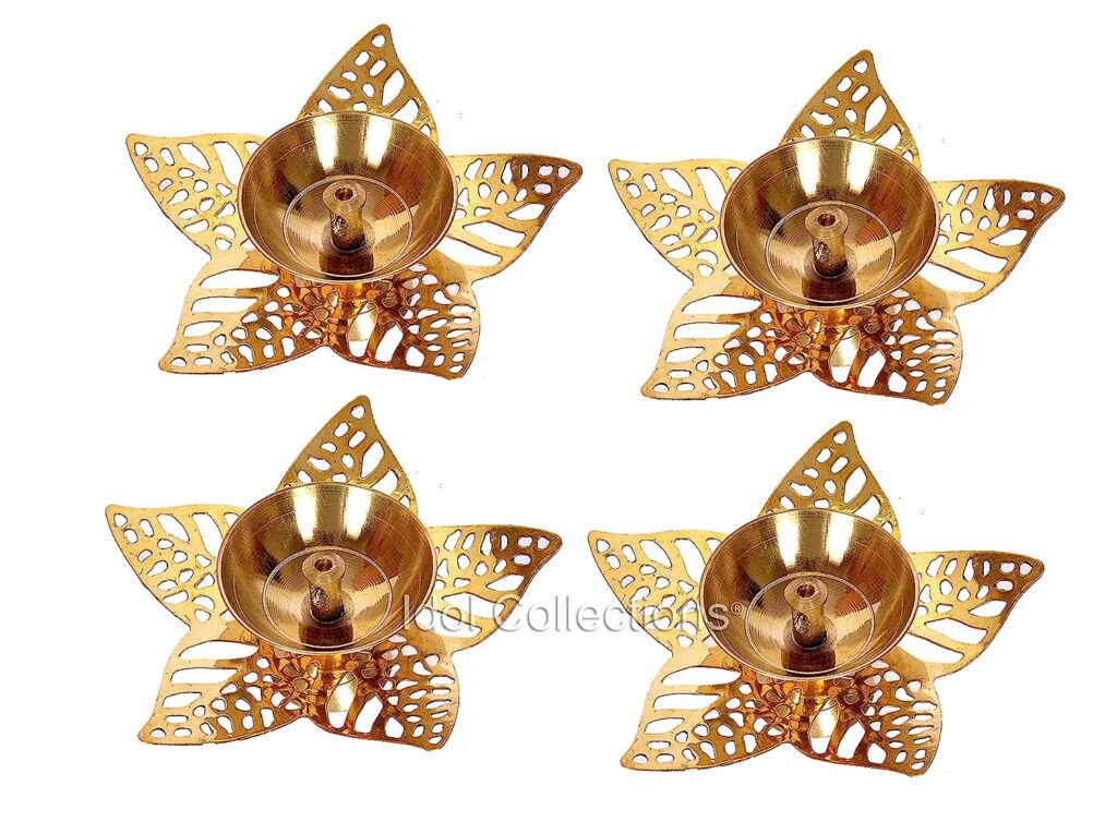 Idol Collections Brass Lotus Leaf Diya Orange Colour for Home Decor Width 5.5 Inch Birthday Return Gifts