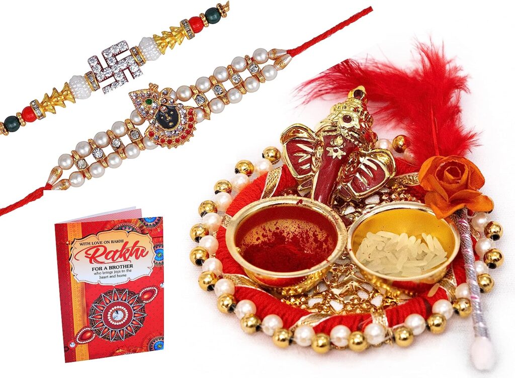  MANTOUSS Rakhi Gift Hamper for Brother Rakhi (Bracelet)for Men Brother Combo Set of 2 with Gift-1 Kundan Rakhi+1 Beads Rakhi Hamper for Brother